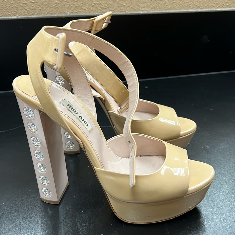 Miu Miu platform nude heels with crystals